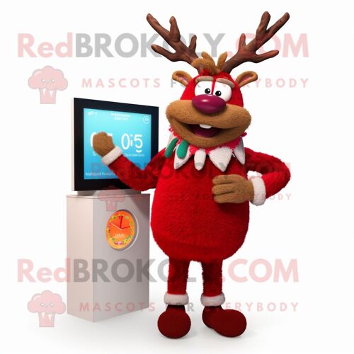 Personnage De Costume De Mascotte Redbrokoly De Renne Rouge Habillé D'un Cardigan Et De Montres Numériques