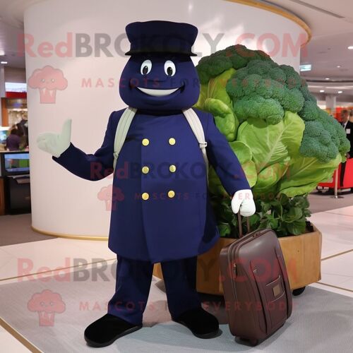 Personnage De Costume De Mascotte Redbrokoly De Chou-Fleur Bleu Marine Habillé D'un Col Roulé Et De Porte-Documents