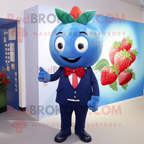 Personnage De Costume De Mascotte Redbrokoly De Fraise Bleue Habillé D'un Manteau Et D'épingles À Cravate