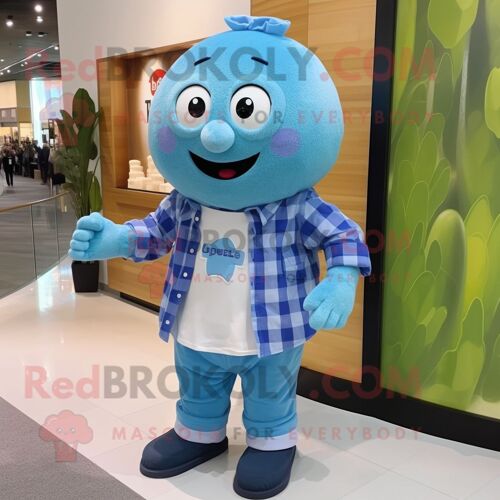 Personnage De Costume De Mascotte Redbrokoly De Melon Bleu Habillé D'une Chemise En Flanelle Et De Bracelets De Montres