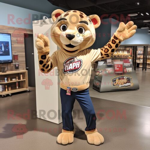 Personnage De Costume De Mascotte Redbrokoly De Jaguar Beige Habillé D'un Jean Évasé Et De Bonnets