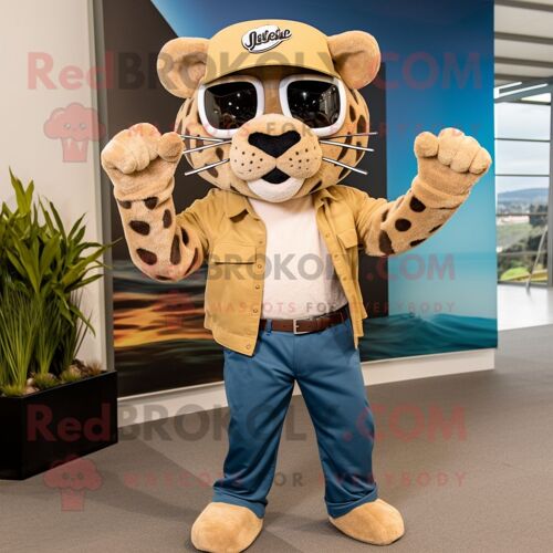 Personnage De Costume De Mascotte Redbrokoly De Jaguar Beige Habillé D'un Jean Évasé Et De Bonnets