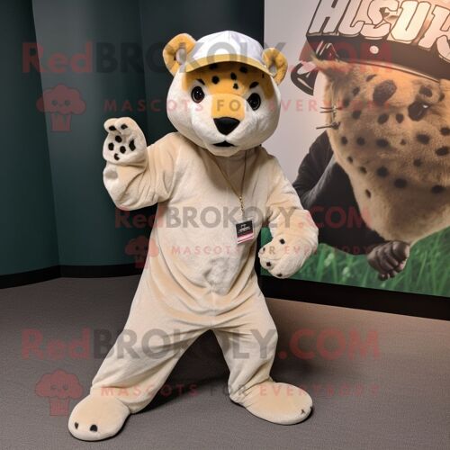 Personnage De Costume De Mascotte Redbrokoly De Jaguar Beige Habillé D'un Jean Évasé Et De Bonnets