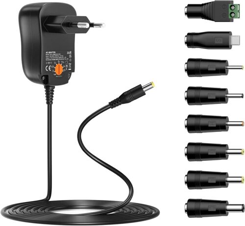 JGD-Bloc d'alimentation universel 24 W AC vers DC 3 V 4,5 V 5 V 6 V 7,5 V 9 V 12 V 2 A DC avec 8 prises CC pour électronique domestique comme routeur LED Strip Light Router caméra CCTV 2000 mA max.