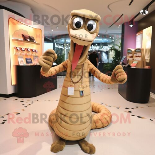 Personnage De Costume De Mascotte Redbrokoly De Serpent Beige Habillé D'une Mini Robe Et De Portefeuilles