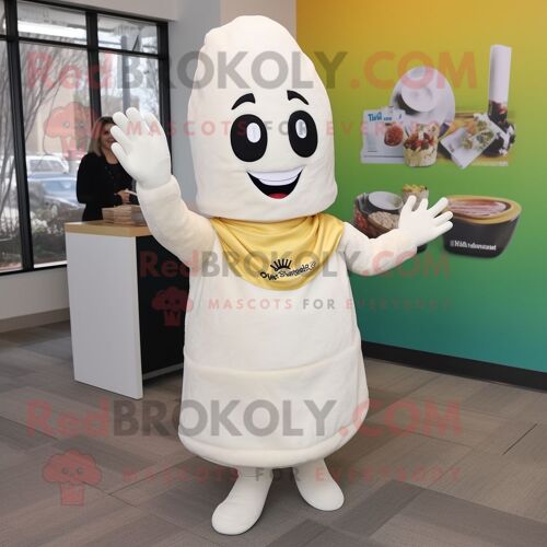 Personnage De Costume De Mascotte Redbrokoly D'enchiladas Blanches Habillé D'une Jupe Crayon Et De Mitaines