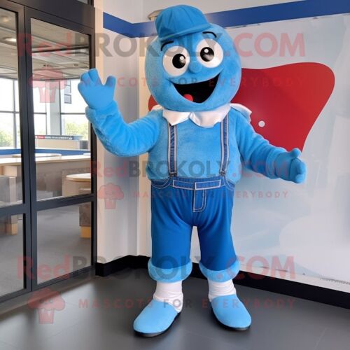 Personnage De Costume De Mascotte Redbrokoly Cupcake Bleu Ciel Habillé D'une Salopette Et De Ceintures