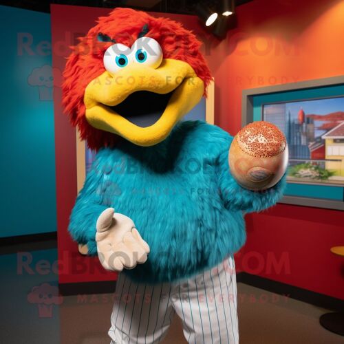Personnage De Costume De Mascotte Redbrokoly De Poulet Turquoise Parmesan Habillé D'un Tee-Shirt De Baseball Et D'épinglettes