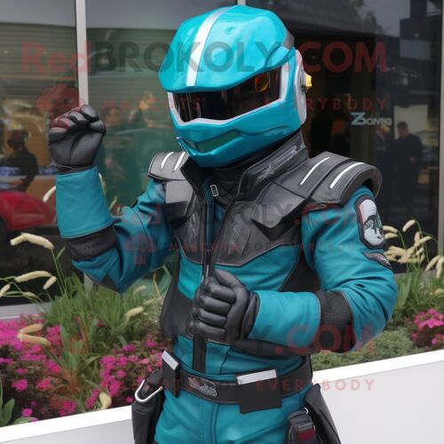 Personnage De Costume De Mascotte Redbrokoly Teal Commando Habillé D'une Veste De Moto Et De Cummerbunds
