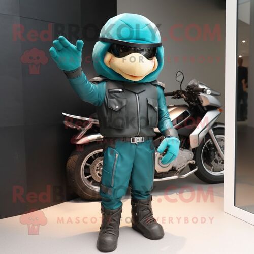 Personnage De Costume De Mascotte Redbrokoly Teal Commando Habillé D'une Veste De Moto Et De Cummerbunds