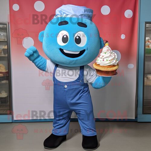 Personnage De Costume De Mascotte Redbrokoly Cupcake Bleu Ciel Habillé D'une Salopette Et De Ceintures