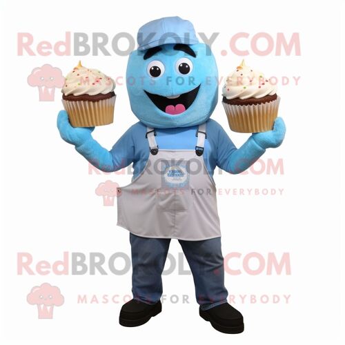Personnage De Costume De Mascotte Redbrokoly Cupcake Bleu Ciel Habillé D'une Salopette Et De Ceintures