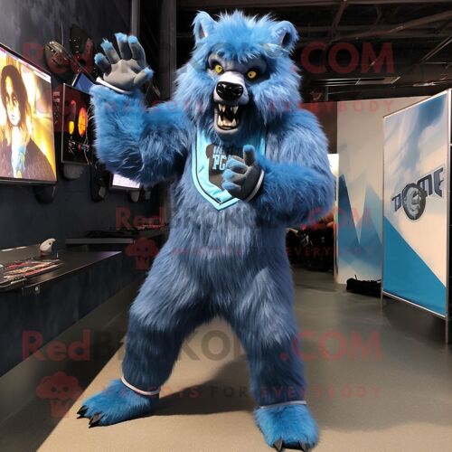Mascotte Redbrokoly De Personnage De Loup-Garou Bleu Habillé D'un Body Et De Pinces À Chaussures