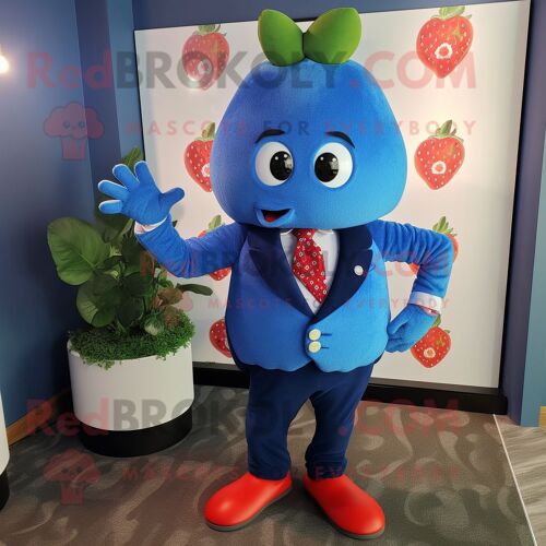 Personnage De Costume De Mascotte Redbrokoly De Fraise Bleue Habillé D'un Manteau Et D'épingles À Cravate