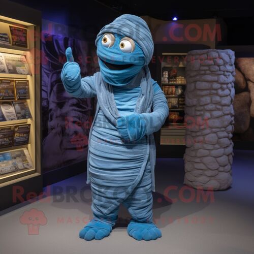 Mascotte Redbrokoly De Personnage De Momie Bleue Habillée D'un Cardigan Et De Cummerbunds