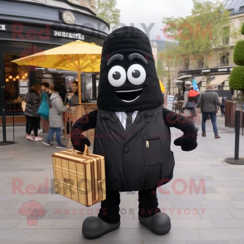 Personnage De Costume De Mascotte Redbrokoly De Frites Noires Habillé D'un Manteau Et De Mallettes