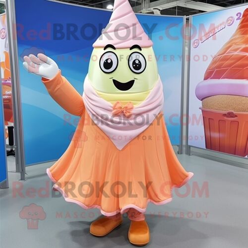 Personnage De Costume De Mascotte Redbrokoly Peach Ice Cream Cone Habillé D'une Jupe Plissée Et De Clips D'écharpe