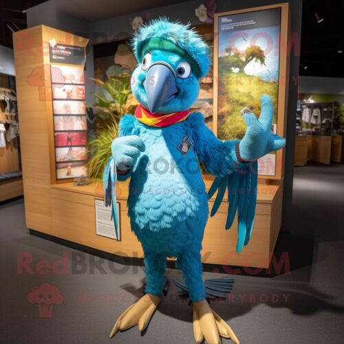 Personnage De Costume De Mascotte Redbrokoly De Perroquet Bleu Sarcelle Habillé D'un Jean Skinny Et De Bandeaux