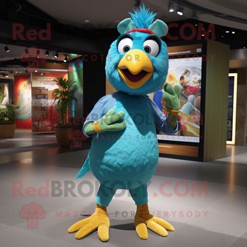 Personnage De Costume De Mascotte Redbrokoly De Perroquet Bleu Sarcelle Habillé D'un Jean Skinny Et De Bandeaux