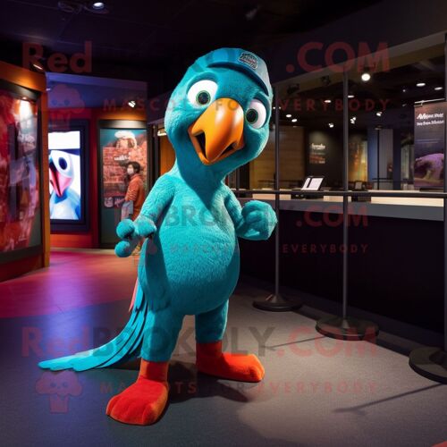 Personnage De Costume De Mascotte Redbrokoly De Perroquet Bleu Sarcelle Habillé D'un Jean Skinny Et De Bandeaux