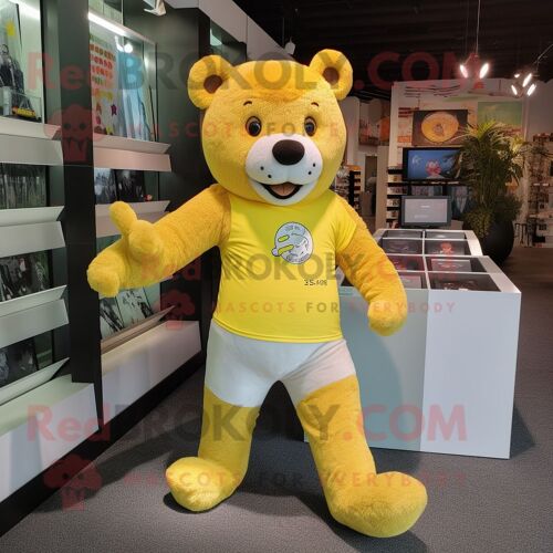 Personnage De Costume De Mascotte Redbrokoly D'ours Jaune Habillé D'un Short De Course Et De Porte-Monnaie