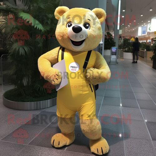 Personnage De Costume De Mascotte Redbrokoly D'ours Jaune Habillé D'un Short De Course Et De Porte-Monnaie