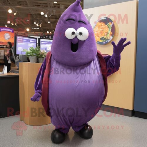 Personnage De Costume De Mascotte Redbrokoly D'aubergine Violette Habillé D'un Jean Mom Et D'épingles À Châle