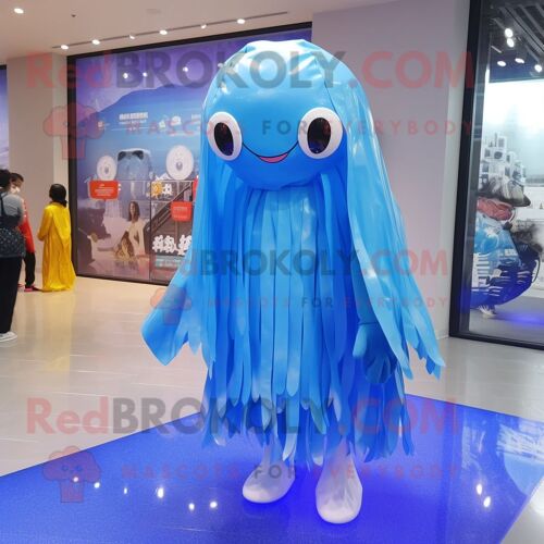 Personnage De Costume De Mascotte Redbrokoly De Méduse Bleue Habillé D'un Imperméable Et De Bandeaux