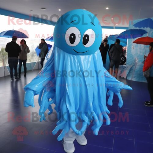 Personnage De Costume De Mascotte Redbrokoly De Méduse Bleue Habillé D'un Imperméable Et De Bandeaux