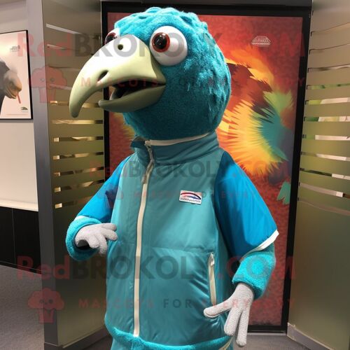 Personnage De Costume De Mascotte Redbrokoly De Pintade Turquoise Habillé D'un Coupe-Vent Et De Cravates