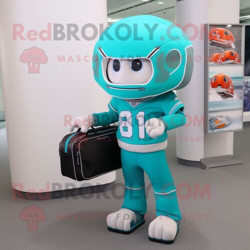 Personnage De Costume De Mascotte Redbrokoly De Casque De Football Américain Turquoise Habillé D'un Sweat-Shirt Et De Mallettes