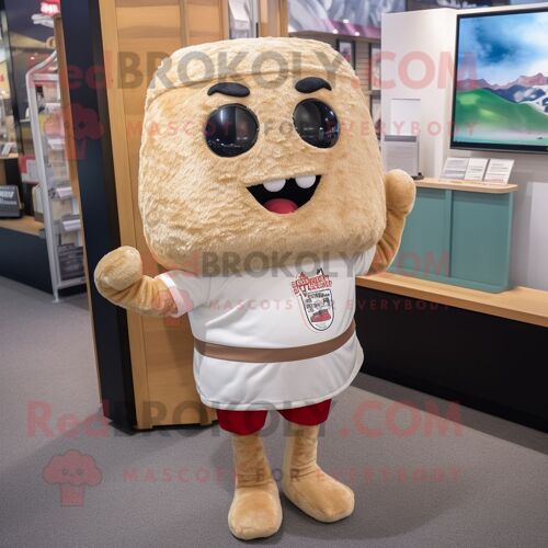Personnage De Costume De Mascotte Redbrokoly Tan Fried Rice Habillé D'un Rash Guard Et De Carrés De Poche