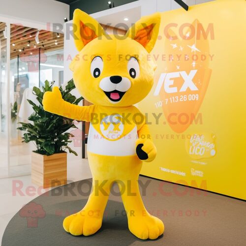 Personnage De Costume De Mascotte Redbrokoly De Renard Jaune Citron Habillé D'un T-Shirt À Col En V Et D'épingles À Cheveux