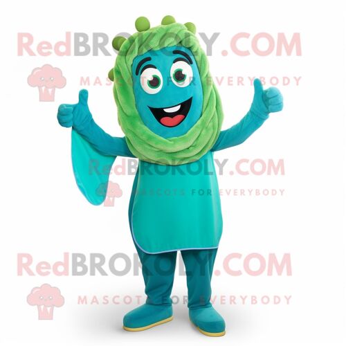 Personnage De Costume De Mascotte Redbrokoly De Pâtes Au Pesto Turquoise Habillé D'un Pantacourt Et De Gants