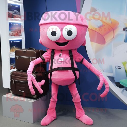 Costume De Mascotte Redbrokoly D'araignée Rose Personnage Habillé D'une Salopette Et De Mallettes