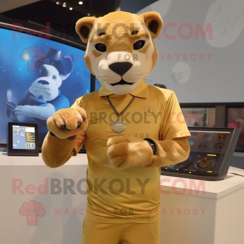 Personnage De Costume De Mascotte Redbrokoly Gold Mountain Lion Habillé Avec Une Chemise Henley Et Des Montres Numériques