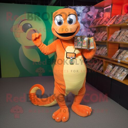 Personnage De Costume De Mascotte Redbrokoly De Serpent Orange Habillé D'un Short Cargo Et De Porte-Monnaie