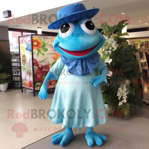 Personnage De Costume De Mascotte Redbrokoly De Grenouille Bleu Ciel Habillé D'une Robe Longue Et D'épingles À Chapeau