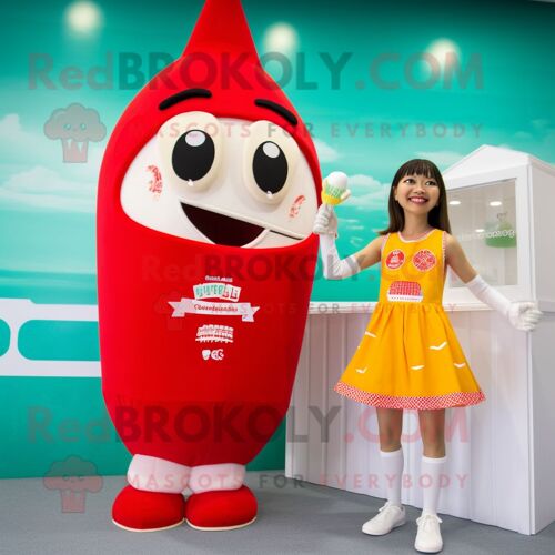 Personnage De Costume De Mascotte Redbrokoly De Bouteille De Crème De Ketchup Habillé D'un Maillot De Bain Une Pièce Et De Bracelets De Che