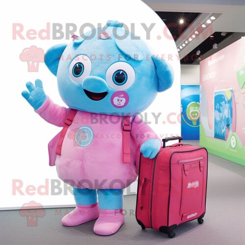 Personnage De Costume De Mascotte Redbrokoly Bleu Ciel Rose Habillé Avec Une Combinaison Et Des Sacs Messenger