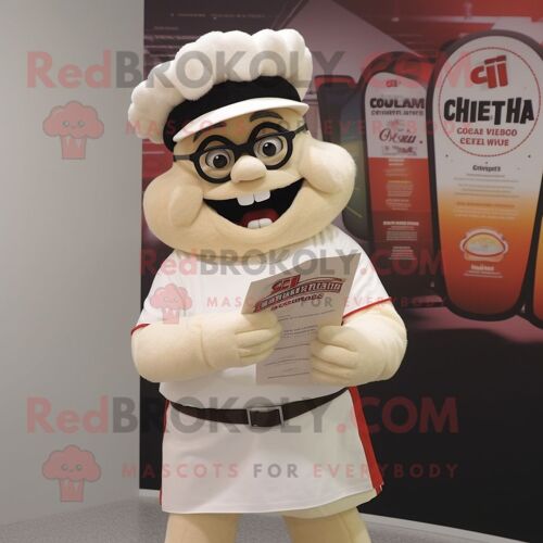 Personnage De Costume De Mascotte Redbrokoly De Chef Crème Habillé Avec Un T-Shirt Et Des Lunettes De Lecture