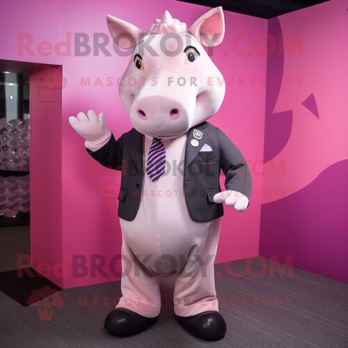 Personnage De Costume De Mascotte Redbrokoly De Rhinocéros Rose Habillé D'un Manteau Et D'épingles À Cravate