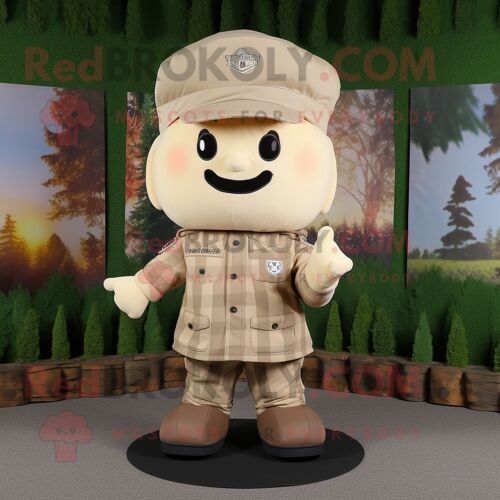 Personnage De Costume De Mascotte Redbrokoly De Soldat De L'armée Crème Habillé D'une Chemise En Flanelle Et De Colliers