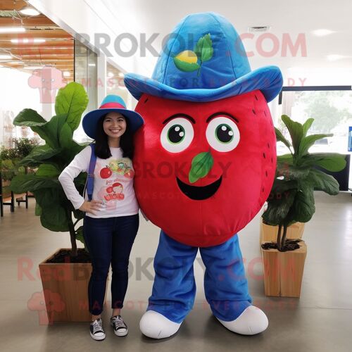 Personnage De Costume De Mascotte Redbrokoly De Fraise Bleue Habillé D'un Jean De Maman Et De Chapeaux