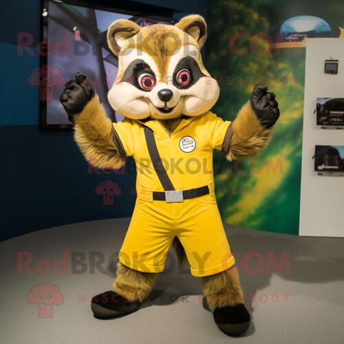 Personnage De Costume De Mascotte Redbrokoly De Raton Laveur Jaune Habillé D'une Combinaison Et De Boutons De Manchette