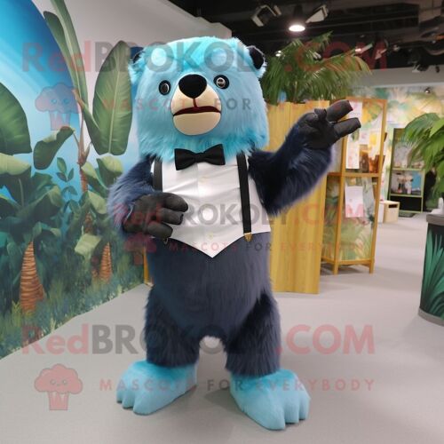 Personnage De Costume De Mascotte Redbrokoly D'ours Paresseux Cyan Habillé D'une Barboteuse Et De Noeuds Papillon