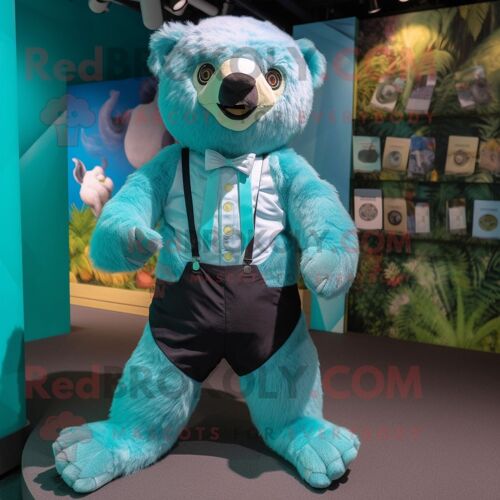 Personnage De Costume De Mascotte Redbrokoly D'ours Paresseux Cyan Habillé D'une Barboteuse Et De Noeuds Papillon