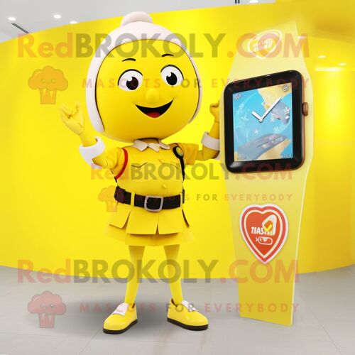 Personnage De Costume De Mascotte Redbrokoly Yellow Arrow Of Love Habillé D'une Jupe Et De Montres Connectées