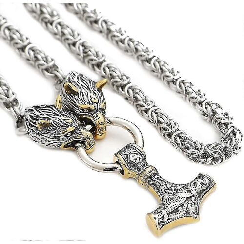 Hommes Tête De Loup Collier Bijoux Nordique Amulette Thor's Hammer Pendentif Collier