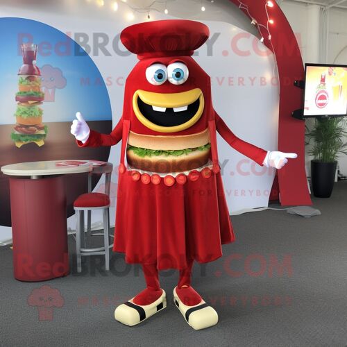 Personnage De Costume De Mascotte Redbrokoly Hamburger Rouge Habillé D'une Robe De Cocktail Et D'anneaux